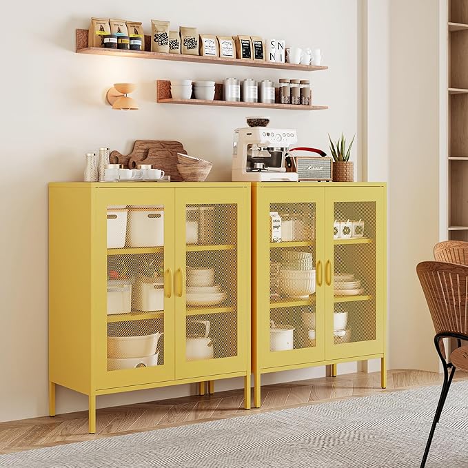 Chshin Metal Locker Storage Cabinet with 2 Mesh Doors and Adjustable Shelves,Yellow Metal Locker Cabinets,Coffee Bar Cabinet,Kitchen Pantry Storage Cabinets for Home,Sideboard,Office(40" H)