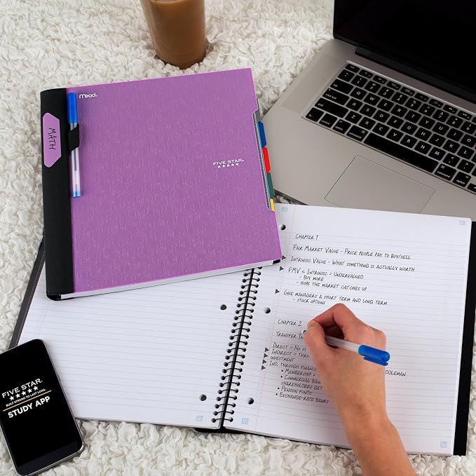 Five Star Advance Spiral Notebook + Study App, 5 Subject, College Ruled Paper, 8-1/2" x 11", 200 Sheets, Spiral Guard, Movable Tabbed Dividers, Amethyst Purple (820013G) (Pack of 6)
