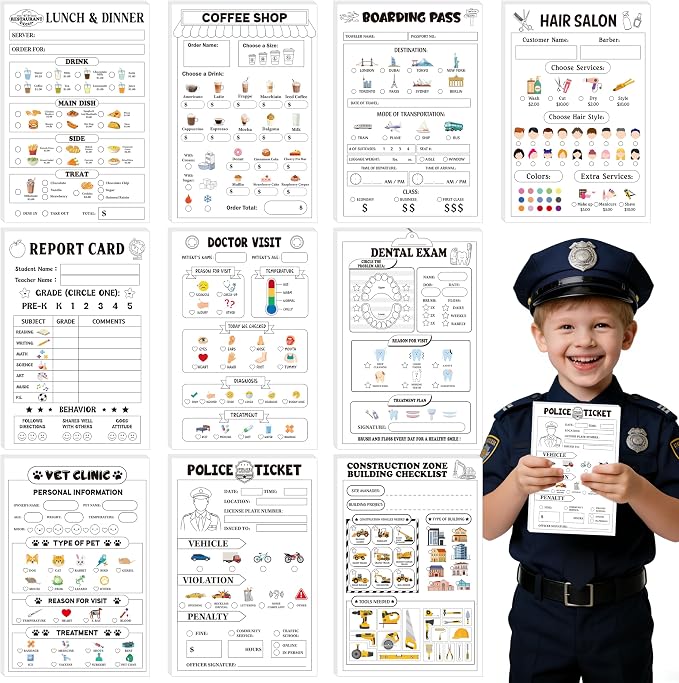 TICIAGA Sticky Notes-Black 10PCS 4x6 In Playtime Pad Included Restaurant Police Vet Doctor Visit Coffee Salon Notepad 30 Page Pretend Notebook Imaginative Role for Toddler Kid Play Game, Mix