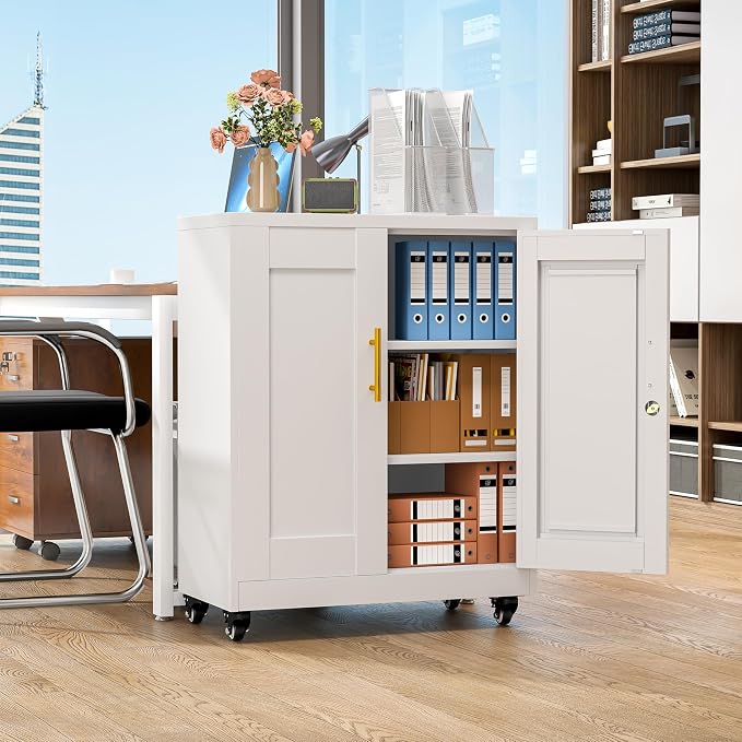 36" Metal File Garage Storage Cabinet with Lock and Wheels,Rolling Steel Locker Organizer,Office File Cabinet with 2 Doors and 2 Adjustable Shelves,Tool Cabinets for Home Office,Gym,School (White)