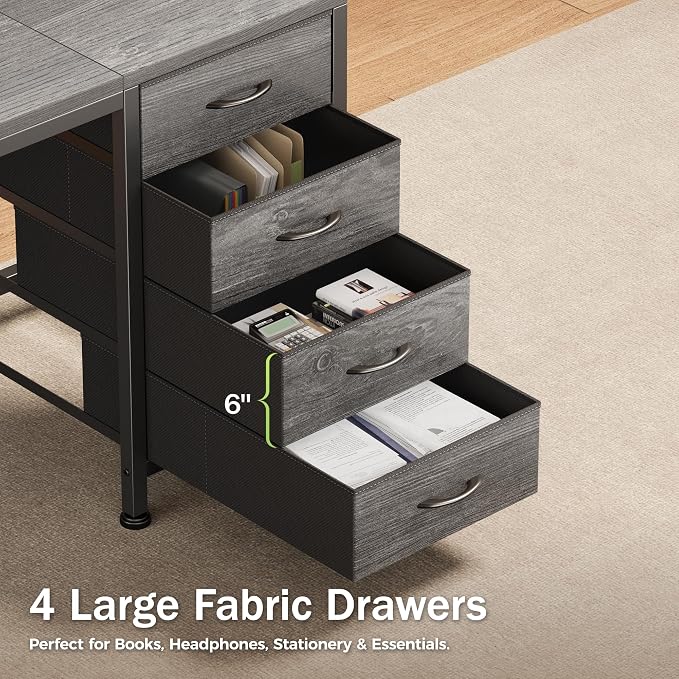 55.1 Inch Computer Office Desk with Power Outelts and USB-C Port, Reversible Gaming Desk with 4 Fabric Drawers, Work Study Desk Work from Home, Grey