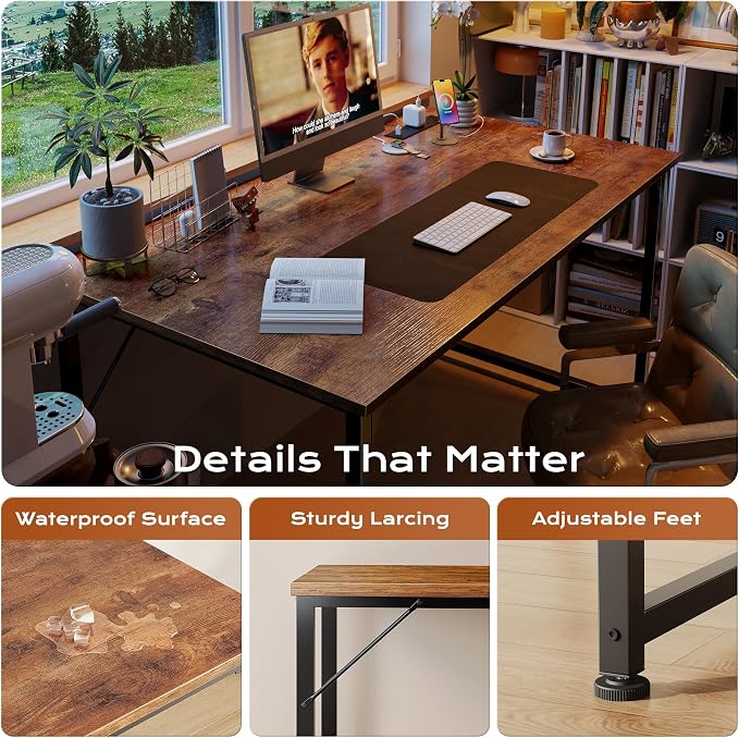 47 X 24 Inch Deeper Desk with Power Outlets | Computer Desk for Bedroom, Office Desk for Work from Home, Writing Study Gaming Table, Stable Metal Frame, Rustic Brown