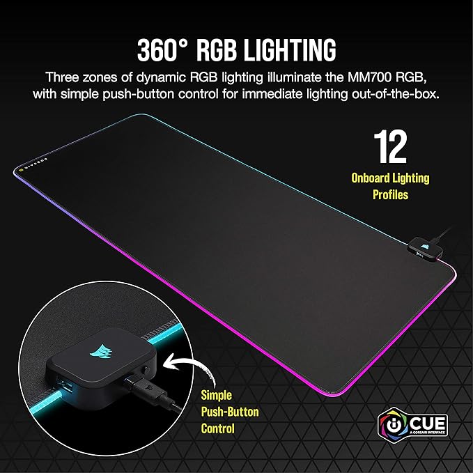 Corsair MM700 RGB Extended Cloth Gaming Mouse Pad - 36.6" x 15.8" - 360° RGB Lighting - Two USB Port Hub - Thick Rubber - Black