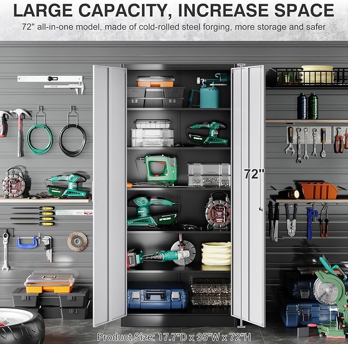 Wide & Deep Metal Storage Cabinet with 5 Adjustable Shelf,72" Tall Garage Storage Cabinet with Lock,Metal Cabinets with Locking Doors,Lockable Steel Cabinets for Home,Office,Garage Locker