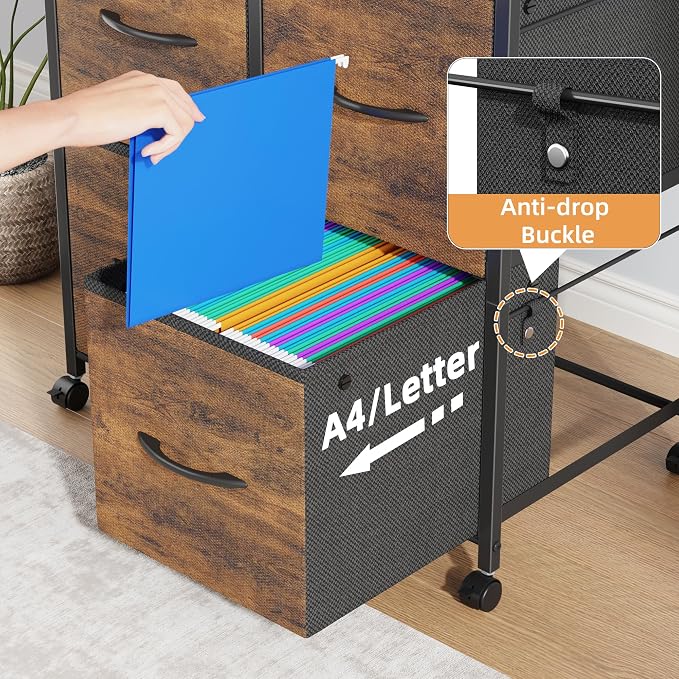 4 Drawer Lateral File Cabinet, Mobile Filing Cabinet Printer Stand | For Large Printer, Sturdy Metal Frame & Wood Top, Holds 50 Lbs, Fits Letter/A4 Size (No Legal), Fabric Drawer, Rustic Brown