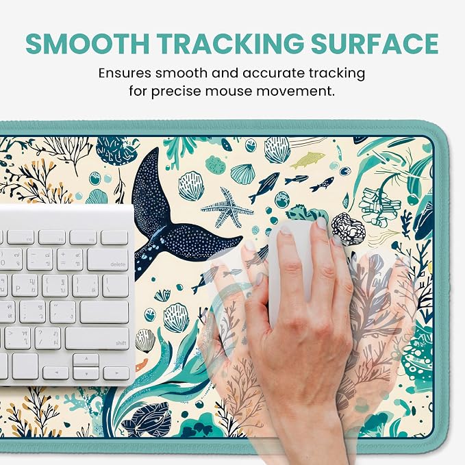 Aesthetic Desk Mat, Cute Drifting Whales Desk Pad Protector for Work & Decor, 31.5" x 11.8", Pretty Non-Slip Extended Mouse Pad for Office or Home