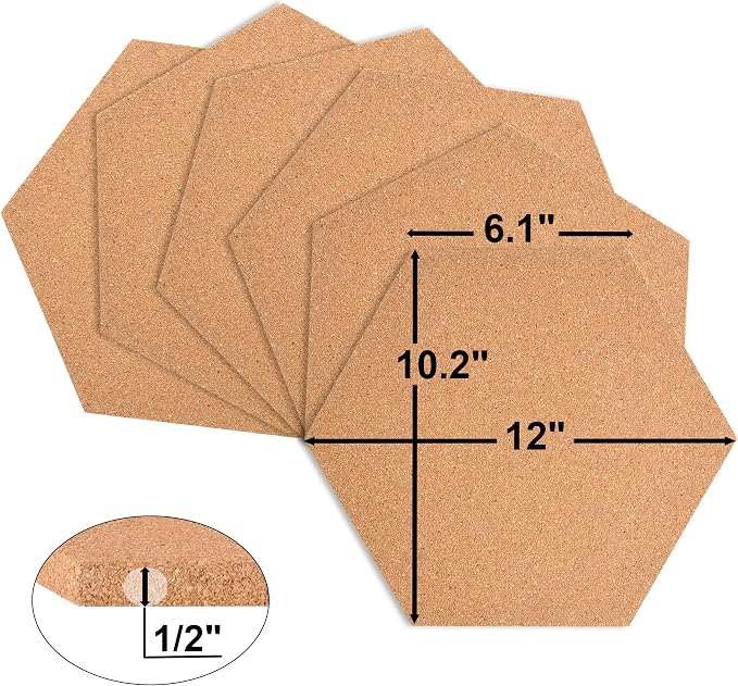 SUNGIFT Hexagon Cork Board Tiles, 6 Pack, 1/2" Thick, 12" x 10.2" | Self-Adhesive Cork Pin Boards with 50 Push Pins for Lightweight Notes, Photos and Dry Indoor Smooth Walls