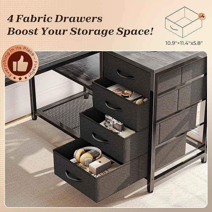 43.3" Small L Shaped Desk with Power Outlets & 4 Drawers | Reversible Computer Desk with 2 Storage Shelves, Corner Office Desk for Gaming Writing Work Study, Grey