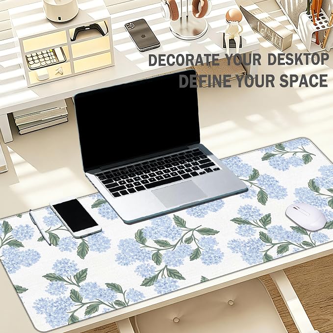 UTELKA Blue Desk Mat, Flroal Desk Matt for Desktop Mouse Pad 31.5x11.8 | Blue Desk Accessories, Blue and White Mouse Pad, Hydrangea Extra Large Desks Mat, Aesthetic Office Accessories for Women