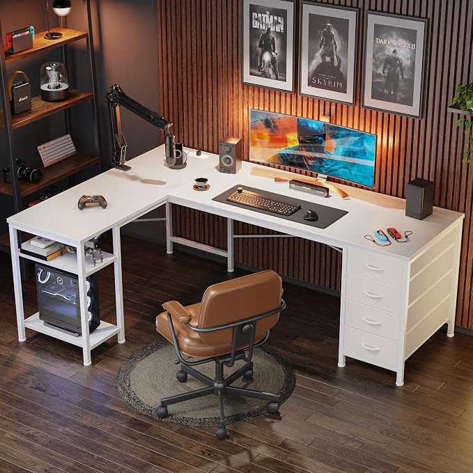 Huuger 55 Inch L Shaped Desk with Fabric Drawers, Reversible Computer Gaming Desk with Power Outlets and USB-C Port, Adjustable Side Storage Shelves, for Work Corner Home Office, White