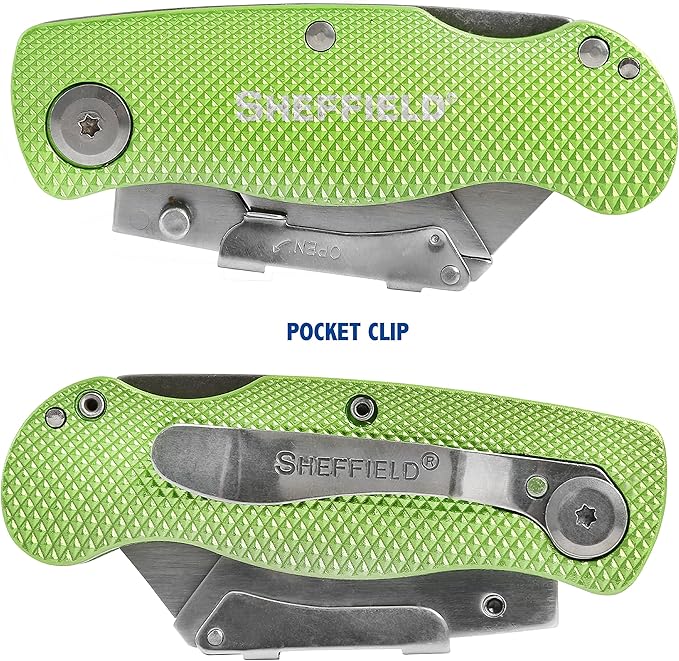 Sheffield Folding Utility Knife, Accepts Standard Utility Knife Blades, Box Cutter Aluminum Handle, Razor Blades Included, For Home, Office, Trades, and Warehouse