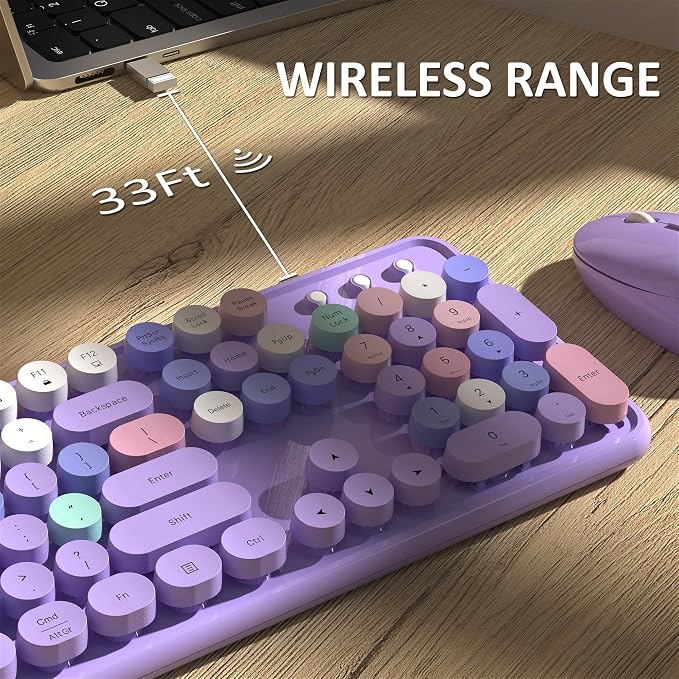 Links9+ Colorful Wireless Keyboard and Mouse Combo (Purple Colorful) | Full-Size Retro Typewriter Style Keyboard with Vintage Round Keycaps, 2.4G Wireless Set for Windows, Mac, Laptop, PC, Tablet