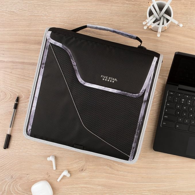 Five Star Zipper Binder, 3 Inch 3-Ring Binder with D Rings, Removable Padded Case, 5-Tab Expanding File and Multi-Use Strap, 850 Sheet Capacity, Black/Gray (29296IT8)