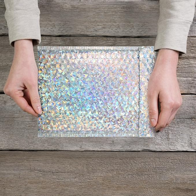 Fulmoon 30 Pieces Holographic Bubble Mailers 4x8 Inch Padded Mailer Holographic Bubble Mailers Padded Envelopes Self Adhesive Cushion Envelopes for Mailing Shipping and Packing(Silver)