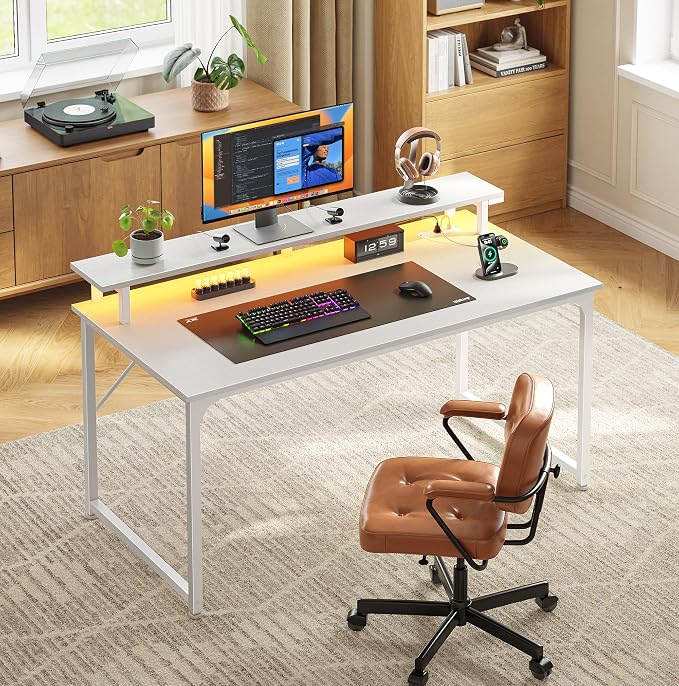 40 inch Gaming Desk, LED & Power Outlets, Monitor Stand, White | Sturdy PC Desk for Home Office, Study & Work, LED Lights, 4 AC Outlets & USB-C Charging Station