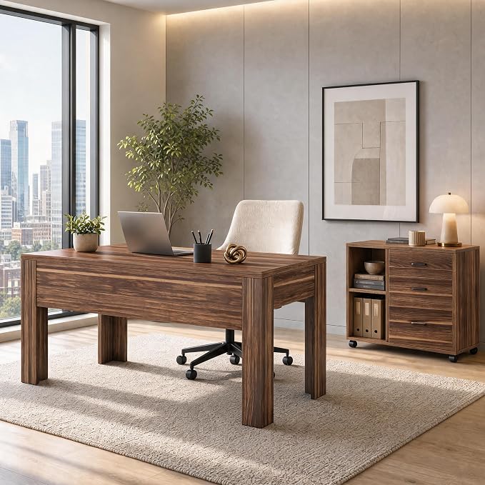 Tribesigns L Shaped Executive Desk with Drawers,Light Walnut | Large Office Desk with Rolling File Cabinet Combo,Home Office Computer Desk,Wooden Desk with Long Front Baffle