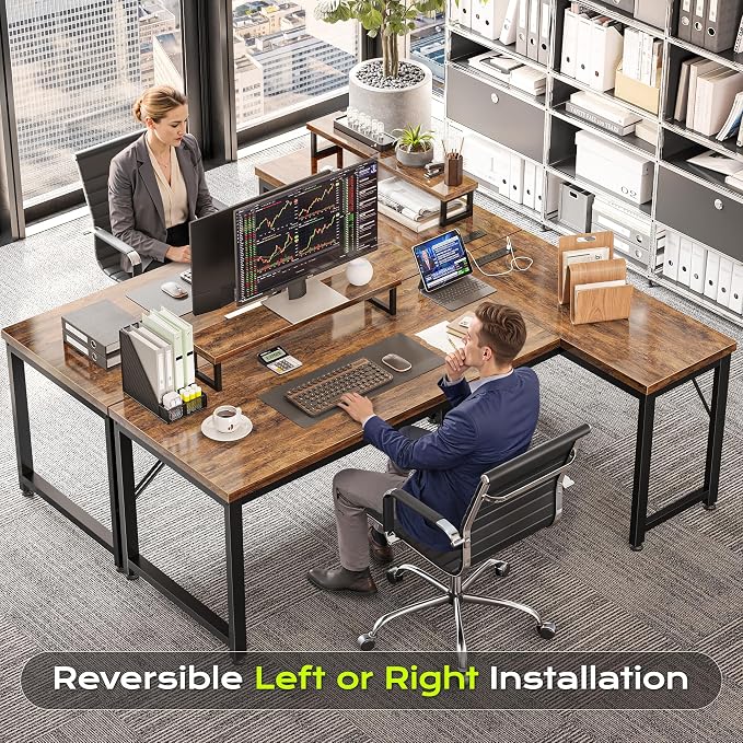 53" L Shaped Computer Desk, Outlets, Monitor Stand, Rustic Brown | USB-C Ports, Reversible Charging Station, Spacious Desktop & Legroom, 0.94 Inch Thick Desktop, for Gaming, Study & Work