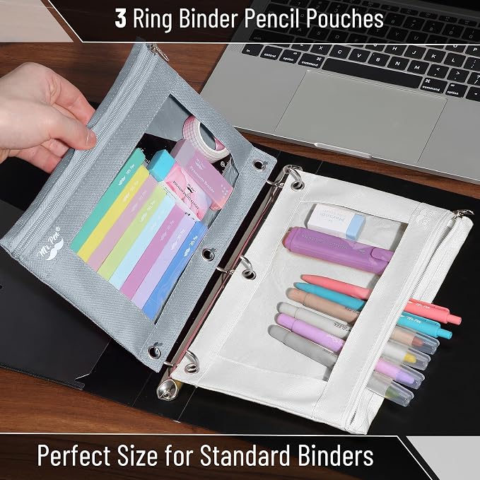 Mr. Pen- Pencil Pouch for 3 Ring Binder, 2 Pack, 10"x6.75", Smooth Zipper | Clear Window, Large Capacity Pencil Case with 3 Reinforced Grommets for School, Office, Supplies Storage | Clear Window, Large Capacity Pencil Case with 3 Reinforced Grommets f...