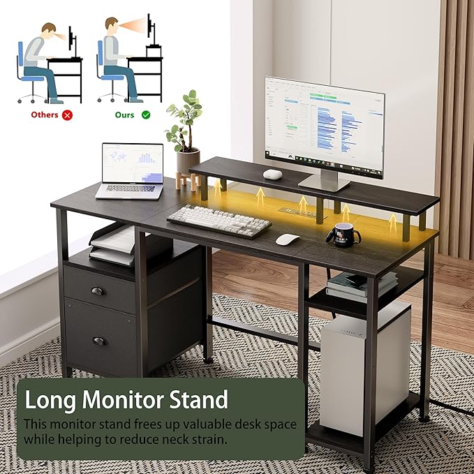 Furologee 51" Gaming Desk with Power Outlets & LED Lights, Reversible Computer Desk with File Cabinet & Monitor Stand for Home Office, Large Work Table with Storage Shelves & Drawer, Black