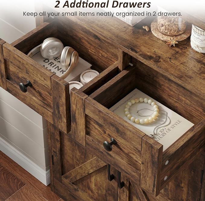 Farmhouse Storage Cabinet with Drawers, Small Kitchen Pantry Cabinet, Brown | Accent Coffee Bar Cabinet Cupboard, 2 Drawers, 2 Barn Doors & Adjustable Shelves, for Kitchen/Entryway/Living Room/Bathroom