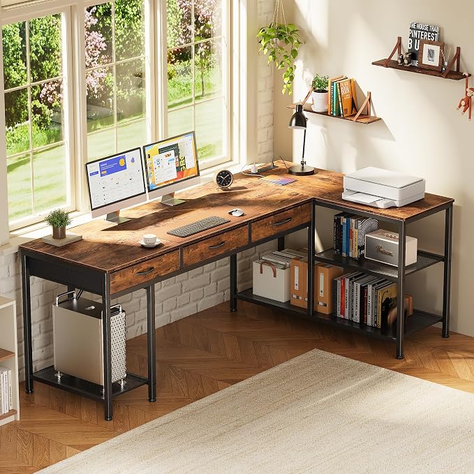 63 Inch L Shaped Office Desk with Power Outlets and Type-C Port, Large Computer Gaming Desk with 3 Fabric Drawers, Mesh Shelves, Corner Study Work Writing Desk, Rustic Brown