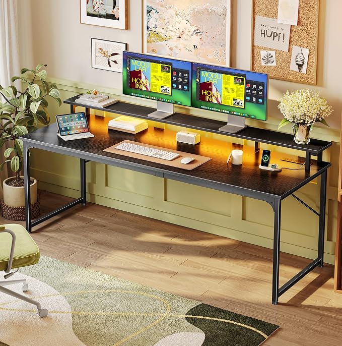 63 inch Gaming Desk, LED & Power Outlets, Monitor Stand, Black | Sturdy PC Desk for Home Office, Study & Work, LED Lights, 4 AC Outlets & USB-C Charging Station