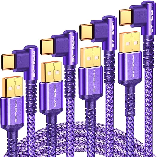 3.2A USB Type C Charger Cable [4-Pack, 90° &Gold-Plated] Fast Charge | 10+6.6+3.3+1.6FT, Right Angle Type C Charger Durable Braided Cord for iPhone 17 16 15 Samsung S10 Note 10 S21 LG -Purple