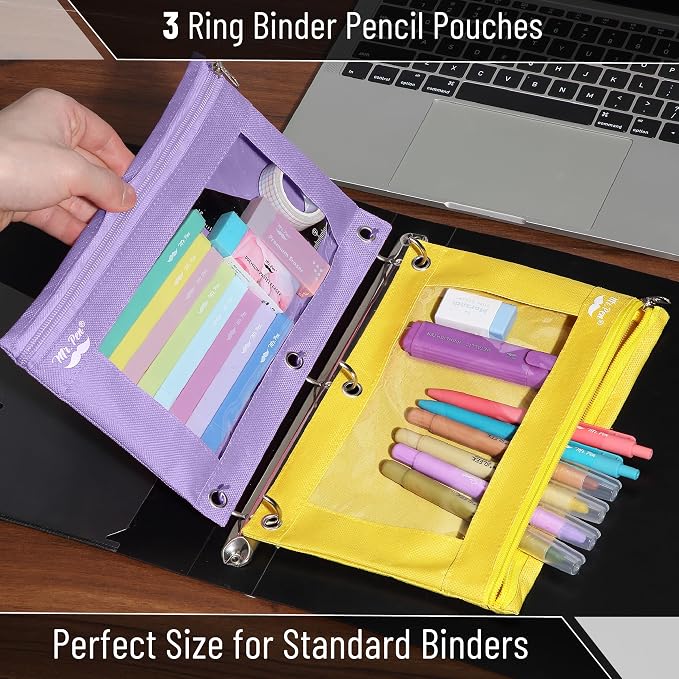 Mr. Pen- Pencil Pouch for 3 Ring Binder, 2 Pack, 10"x6.75", Smooth Zipper | Clear Window, Large Capacity Pencil Case with 3 Reinforced Grommets for School, Office, Supplies Storage | Clear Window, Large Capacity Pencil Case with 3 Reinforced Grommets f...