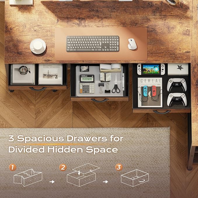 55 Inch L Shaped Office Desk with Power Outlets and Type-C Port, Large Computer Gaming Desk with 3 Fabric Drawers, Mesh Shelves, Corner Study Work Writing Desk, Rustic Brown