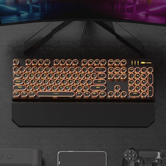 MageGee Typewriter Mechanical Gaming Keyboard, Retro Round Golden Electroplated Keycaps, LED Orange Backlit Wired Keyboards for Laptop PC Gamer, with Magnetic Wrist Rest, Metal Panel, Blue Switch