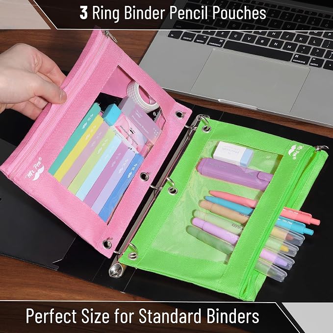 Mr. Pen- Pencil Pouch for 3 Ring Binder, 2 Pack, 10"x6.75", Smooth Zipper | Clear Window, Large Capacity Pencil Case with 3 Reinforced Grommets for School, Office, Supplies Storage | Clear Window, Large Capacity Pencil Case with 3 Reinforced Grommets f...