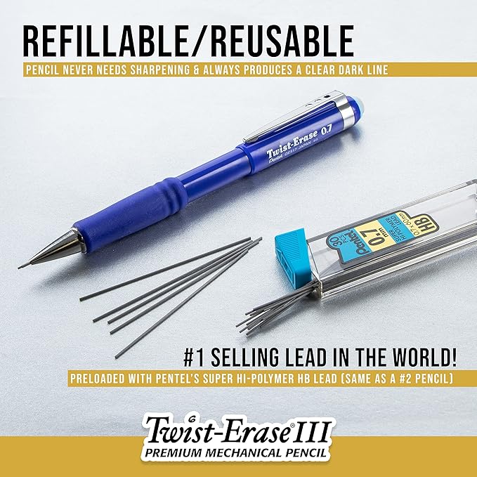 Pentel Twist-Erase III Mechanical Pencil, (0.9mm), Assorted Barrel Colors with 2 Eraser Refills (QE519BP2-K6) (Pack of 4)