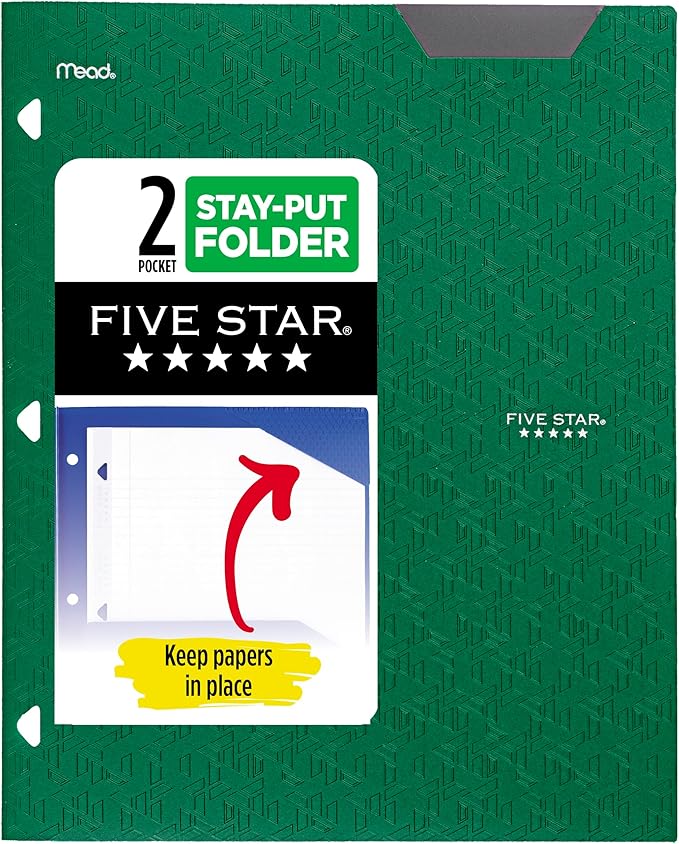 Five Star 2-Pocket Folder, Plastic Folder with Stay-Put Tabs, Fits 3-Ring Binder, Holds 8-1/2" x 11" Paper, Forest Green (333420E-ECM)