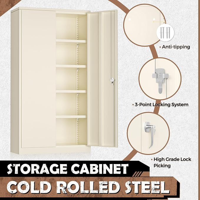 Metal Storage Cabinet, 72” H Storage Cabinet with 2 Doors and 4 Adjustable Shelves for Office, Home, Garage, Pantry (Assembly Required, Grey)