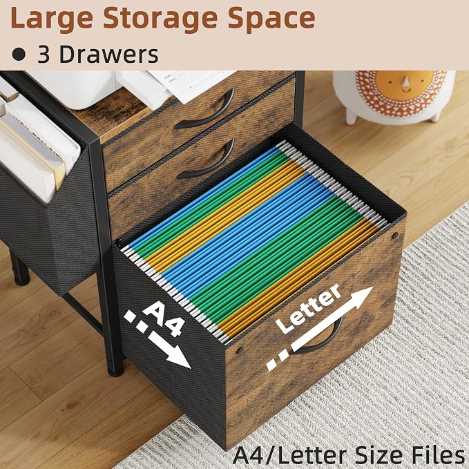 3 Drawer File Cabinet with Charging Station, 45''H, 3-Tier Small Filing Cabinet for Home Office, 11''*16'' for Small Printer, Fabric Drawer Fits Letter/A4, Tall Printer Stand, Rustic Brown