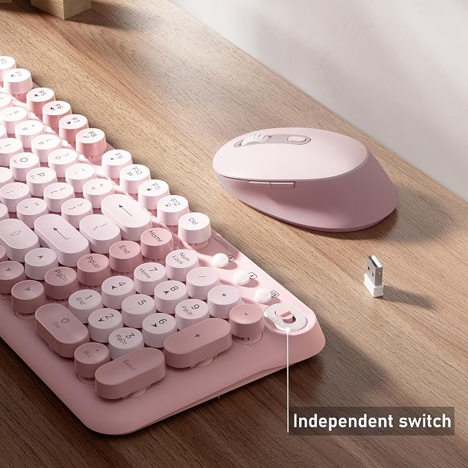 MPTOG Wireless Keyboard and Mouse Combo (Pink) | Full-Size 2.4G Set with Number Pad, Long Battery Life, Plug Play for Office and Student Use