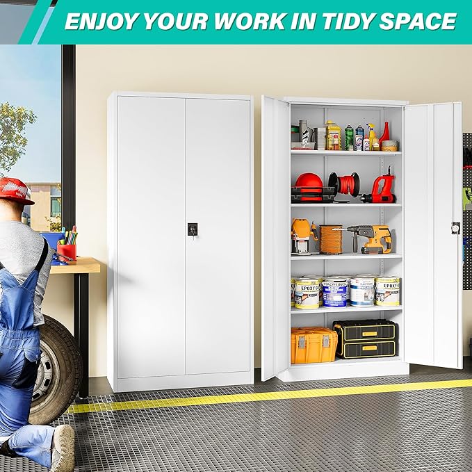 Wide & Deep Metal Storage Storage Cabinet with Adjustable Shelves,White Metal Cabinet with Lock,Steel Pantry Cabinets,72" Lockable Cabinets for Home,Office,Garage,Kitchen,Shop