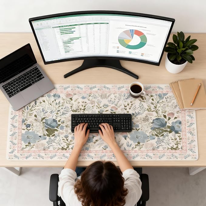 Aesthetic Pink Floral Desk Pad, XXL Large Mouse Pad for Desk with Anti-Slip & Stitched Edges, Keyboard Mat for Computer, Cute Office Supplies and Desk Accessories for Women, Home, Office