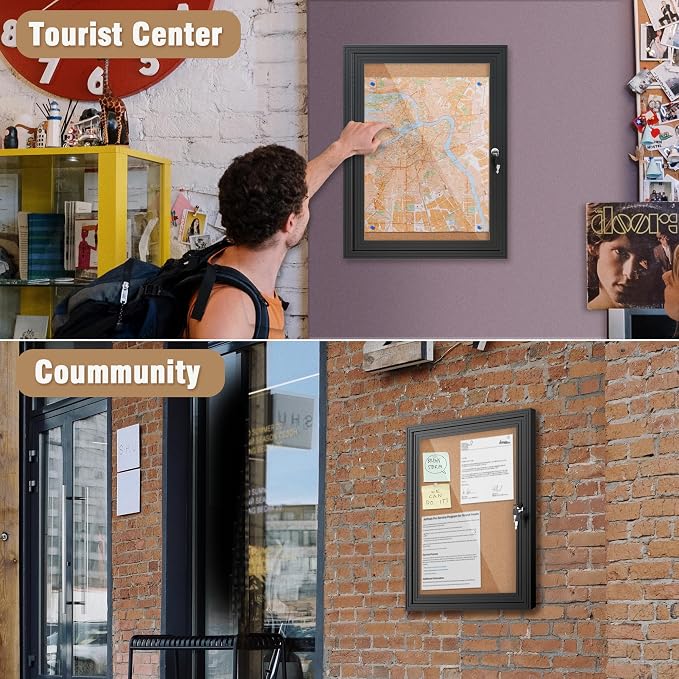 Mifuro 26"x20" Enclosed Bulletin Board, Outdoor Lockable Weather-Resistant Aluminum Cork Noticeboard for School & Office, Black Frame w/Cork