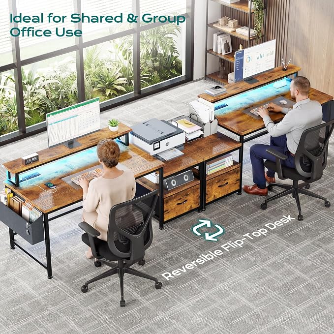 EnHomee 56.5" Office Desk with Drawers & Printer Space for Home Work,Brown | Computer Desk with 3 AC Outlets& 2 USB Ports,Waterproof LED Strip Lights,Monitor Stand & Side Pockets,Home Office,Bedroom