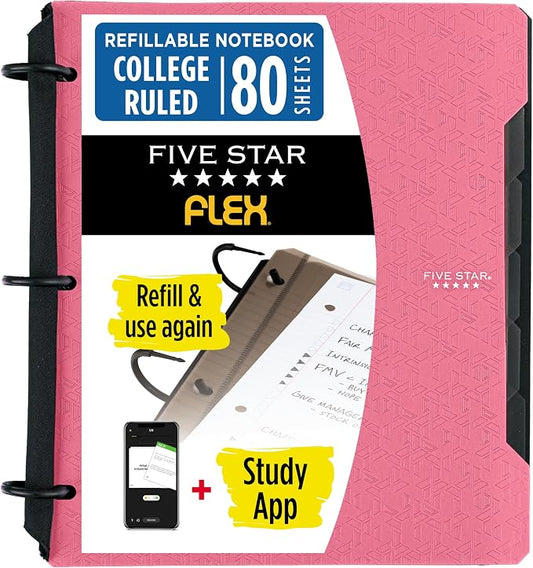 Five Star Flex Refillable Notebook + Study App 1.5 Inch O-Rings Binder with Pockets Tabs and Dividers, 300 Sheet Capacity, Includes 80 Sheets 8.5" x 11" College Ruled Paper, Prom Pink (293240R)