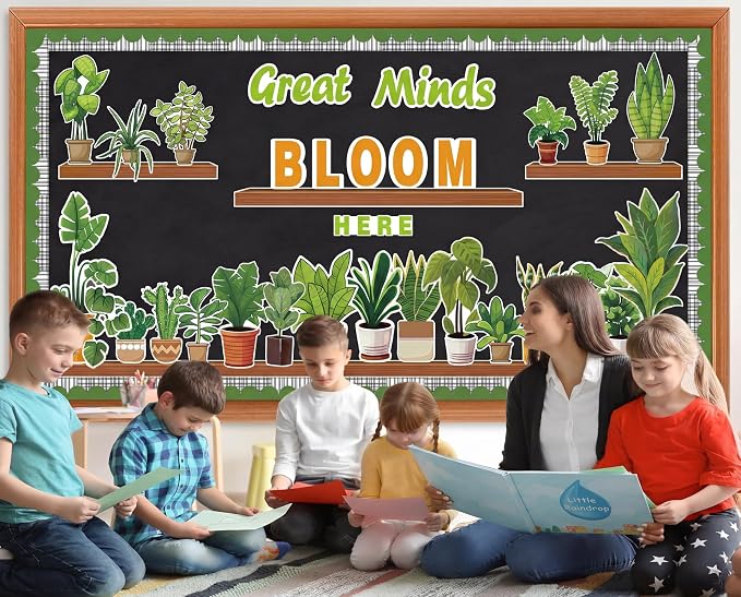 Greenery Bulletin Board Set Summer Bulletin Board Decorations Potted Plant Motivational Cutouts with Great Minds Bloom Here – Classroom Decor for Classroom Window Wall Home Office School Party Decor
