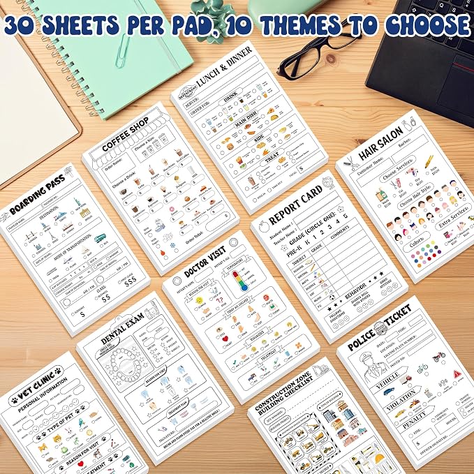 TICIAGA Sticky Notes-Black 10PCS 4x6 In Playtime Pad Included Restaurant Police Vet Doctor Visit Coffee Salon Notepad 30 Page Pretend Notebook Imaginative Role for Toddler Kid Play Game, Mix