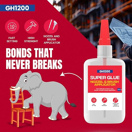(2-in-1) Super Glue with Brush Applicator & Nozzle, Mess Free Superglue Brush, Instant Never Dries, 3000 CPS Ca Glue, No Stain Clear Glue, Super Glue for Plastic, Rubber & More