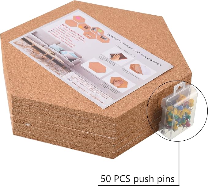 SUNGIFT Hexagon Cork Board Tiles, 6 Pack, 1/2" Thick, 12" x 10.2" | Self-Adhesive Cork Pin Boards with 50 Push Pins for Lightweight Notes, Photos and Dry Indoor Smooth Walls