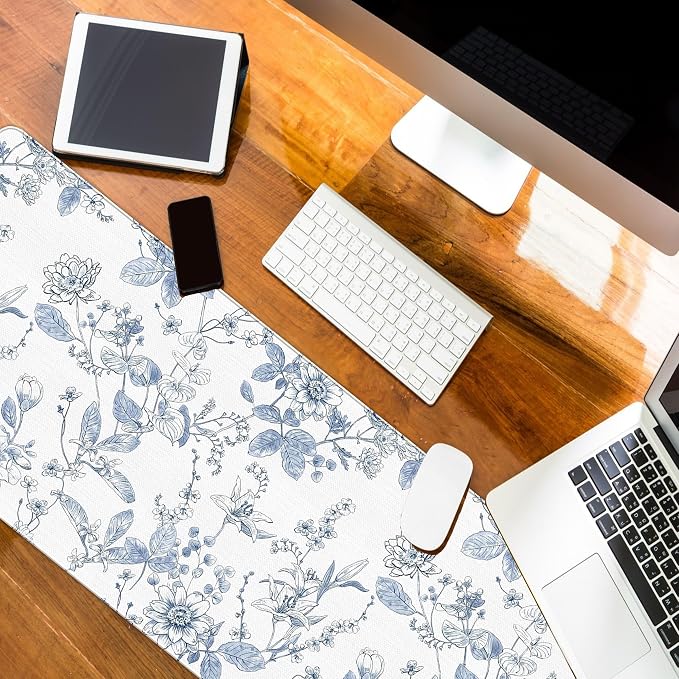 Light Blue Mouse Pad, Blue Flroal Desk Mat for Desk 31.5x11.8 | Light Blue And White Desk Mat, Chinoiserie Desk Mat Aesthetic, Flroal Desk Pad For Computers Office, Blue Office Supplies