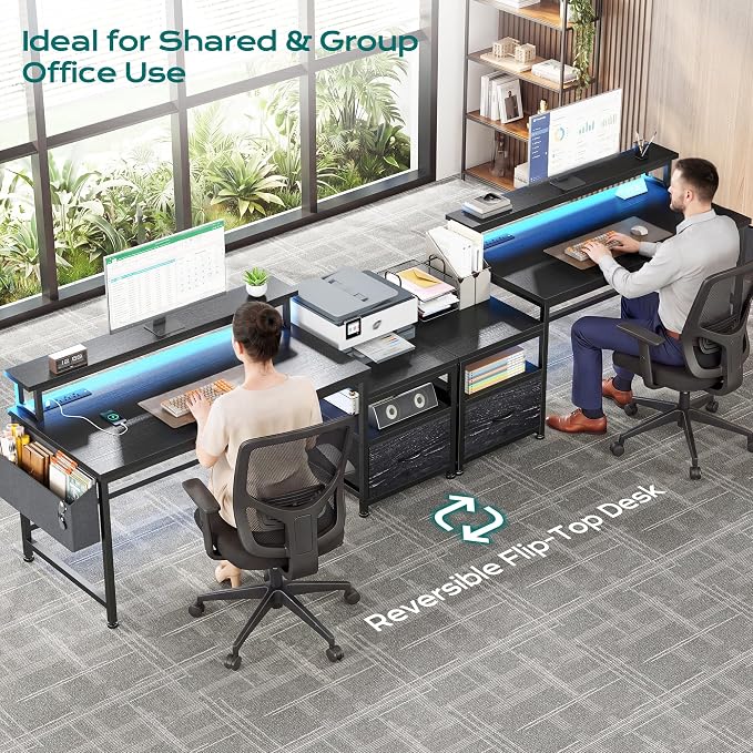 EnHomee 56.5" Office Desk with Drawers & Printer Space for Home Work,Black | Computer Desk with 3 AC Outlets& 2 USB Ports,Waterproof LED Strip Lights,Monitor Stand & Side Pockets,Home Office,Bedroom