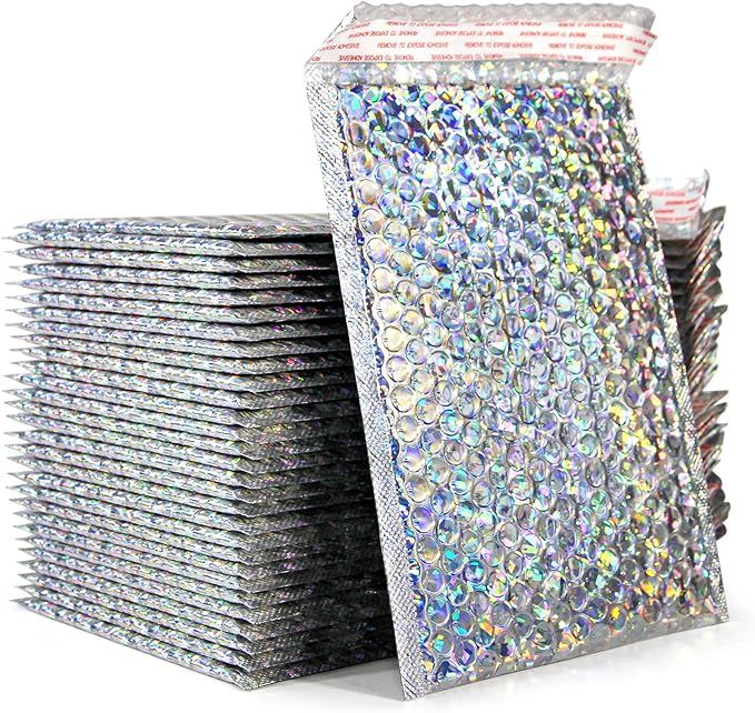 30 PCS 7 x 11 Inch Holographic Mailer, Mailing Envelopes Bubble Padded, Poly Bubble Mailers Padded Envelope Waterproof, Self Sealing Cushion Envelopes for Mailing Packing Shipping (Silver)
