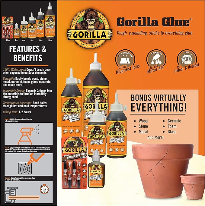 Gorilla Original Gorilla Glue, Waterproof Polyurethane Glue, 2 Ounce Bottle, Brown, (Pack of 4)