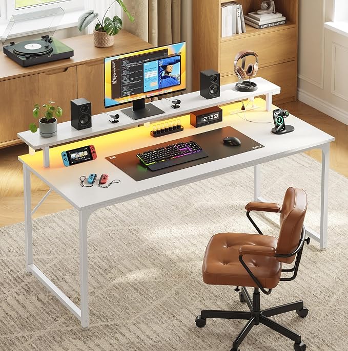 48 inch Gaming Desk, LED & Power Outlets, Monitor Stand, White | Sturdy PC Desk for Home Office, Study & Work, LED Lights, 4 AC Outlets & USB-C Charging Station